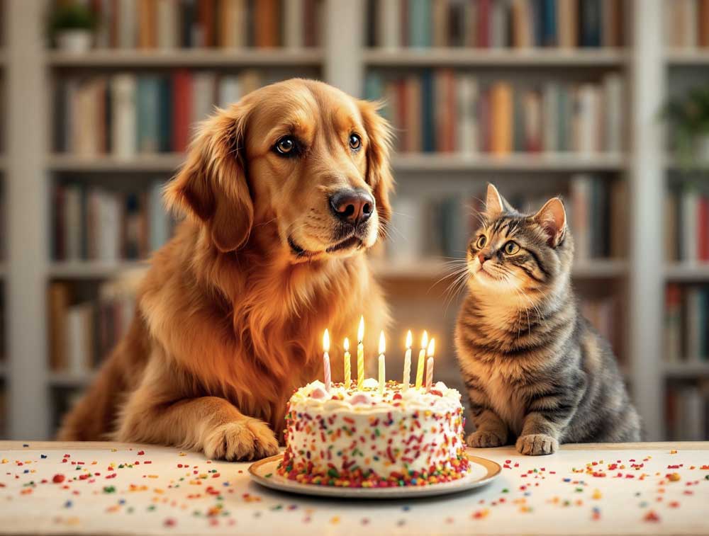 Golden retriever and cat with birthday cake