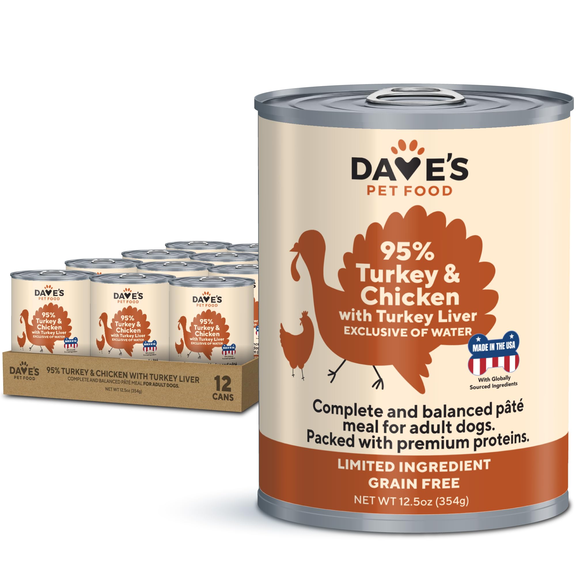 Dave’s 95% Premium Turkey & Chicken Grain-Free L.I.D. Pate – 13 oz.