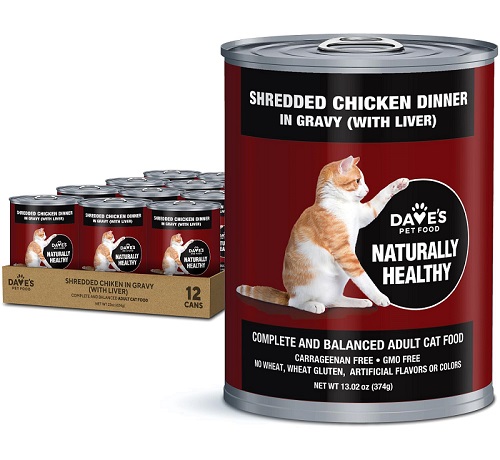 Dave’s Pet Food Naturally Healthy Grain-Free Shredded Chicken Dinner in Gravy Canned Cat Food – 13 oz.