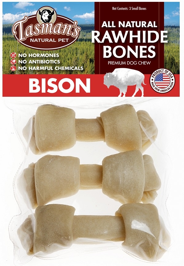 Tasman’s 4-5″ Small Bison Rawhide Knotted Bones – 3 pack