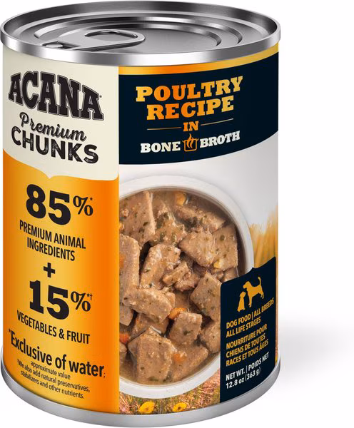ACANA Premium Chunks Poultry in Bone Broth Grain-Free Wet Dog Food -12.8-oz. can