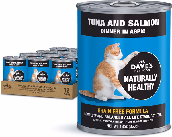 Dave’s Naturally Healthy Grain-Free Tuna and Salmon Dinner in Aspic Canned Cat Food – 13 oz.
