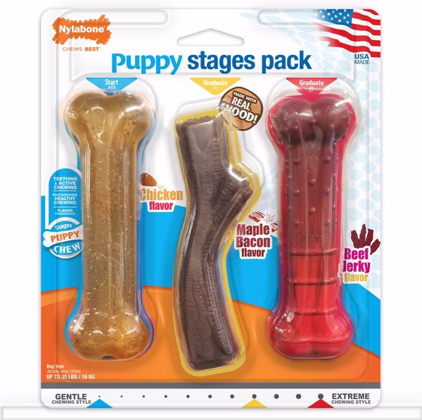Nylabone Puppy Chew Stages Triple Chew Toy Medium/Wolf – 3 Pack