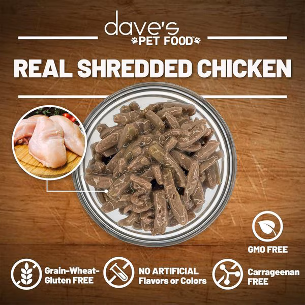 Dave’s Pet Food Naturally Healthy Grain-Free Shredded Chicken Dinner in Gravy Cat Food – 5.5 oz. can
