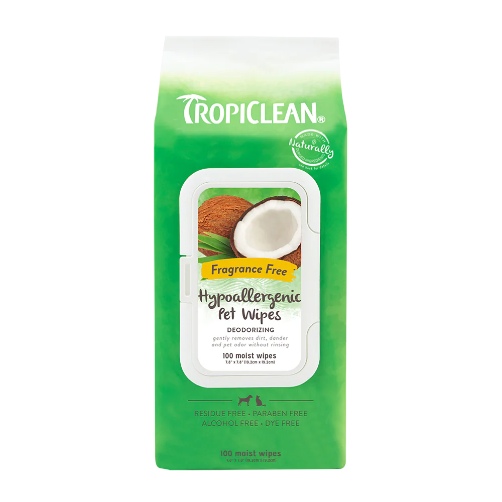 TropiClean Deodorizing Hypo Allergenic Dog & Cat Wipes – 100 count