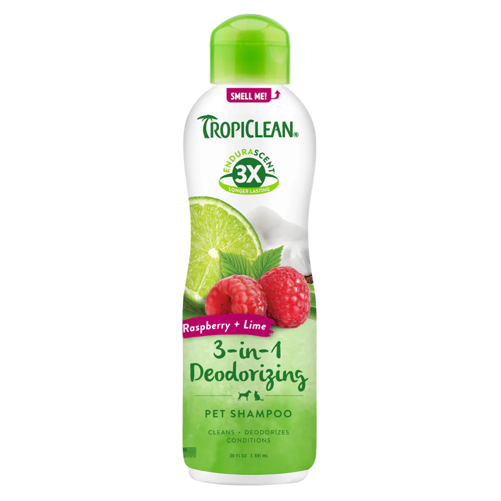 TropiClean 3-in-1 Deodorizing Dog & Cat Shampoo Raspberry + Lime – 20 oz.
