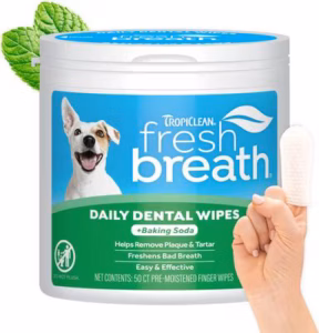 TropiClean Fresh Breath Cleaning Dental Wipes, Finger Wipes for Plaque & Tartar Removal + Baking Soda, for Dogs - 50 ct