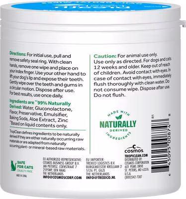 TropiClean Fresh Breath Cleaning Dental Wipes, Finger Wipes for Plaque & Tartar Removal + Baking Soda, for Dogs – 50 ct