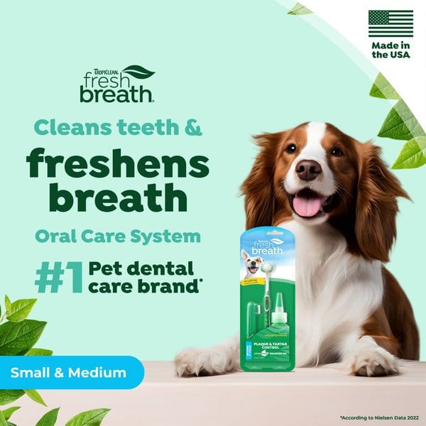 TropiClean Fresh Breath Oral Care Plaque & Tartar Remover Toothbrush Kit – Small/Medium Dog