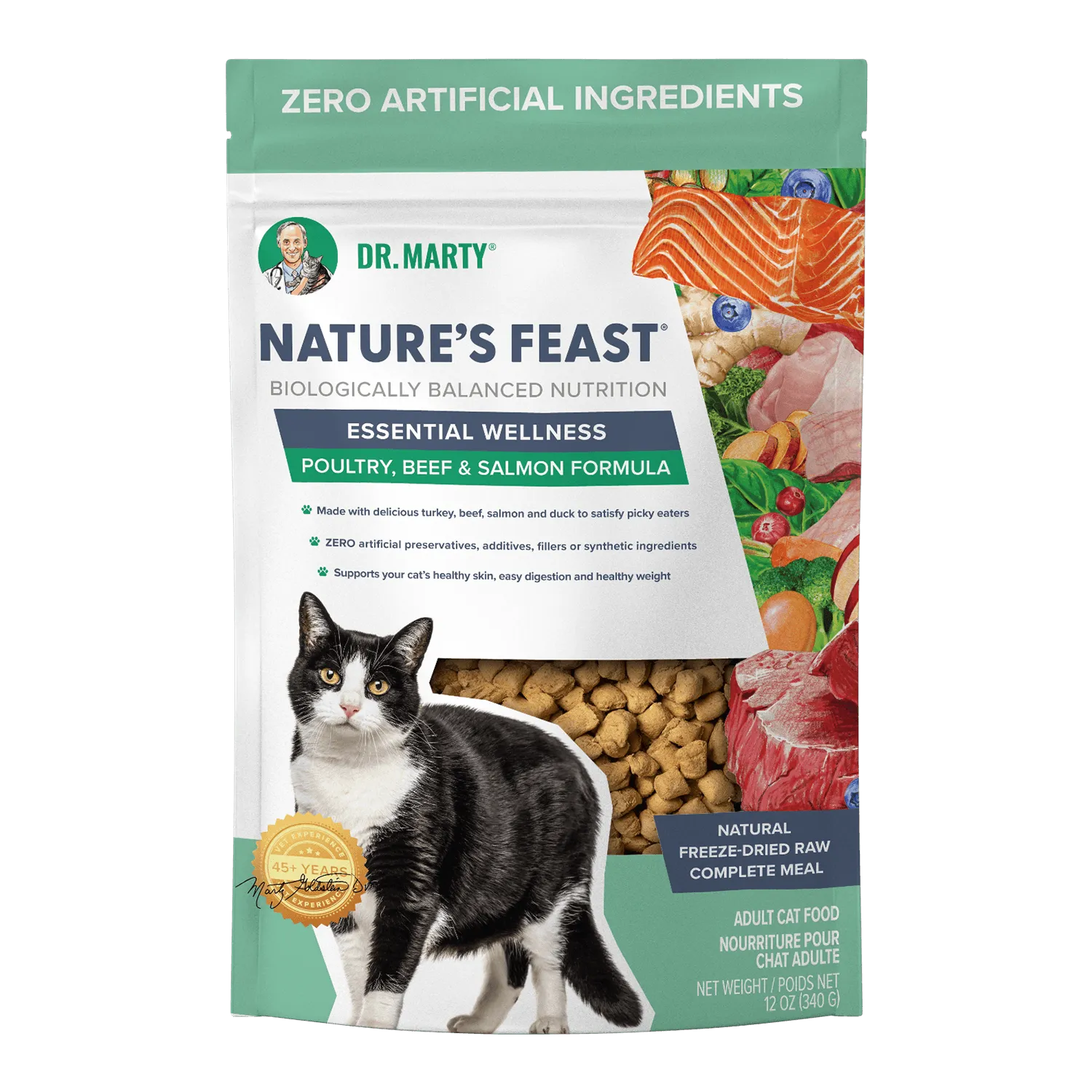 Dr. Marty’s Nature’s Feast Essential Wellness Poultry, Beef & Salmon Freeze Dried Cat Food – 12 oz.